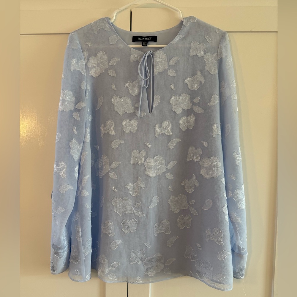 Y2K Ellen Tracy sheer sleeve blouse size S with embroidery, drawstring neck.